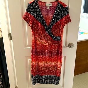 Joseph Ribkoff midi bright pattern v-neck wrap dress